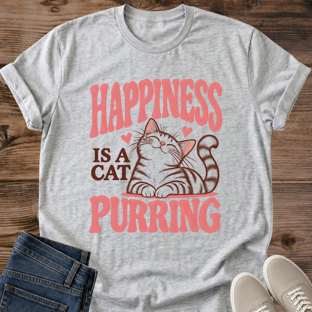 Happiness Is A Cat Purring Shirt Cute Retro Cat Tee Pink Cat Lover Gift Idea Softstyle Ring Spun Cotton Relaxed Fit Everyday Casual Wear Vintage Print Cat Owner Apparel Statement Piece Lightweight Layering For Home