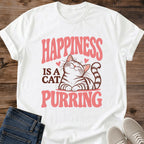 Sweet Cat Graphic Tee Happiness Is A Cat Purring Retro Print Vintage Aesthetic Cat Owner Shirt Gift For Cat Lovers Softstyle Cotton Comfortable Relaxed Fit Statement Piece Everyday Casual Wear Apparel Gift Idea For All