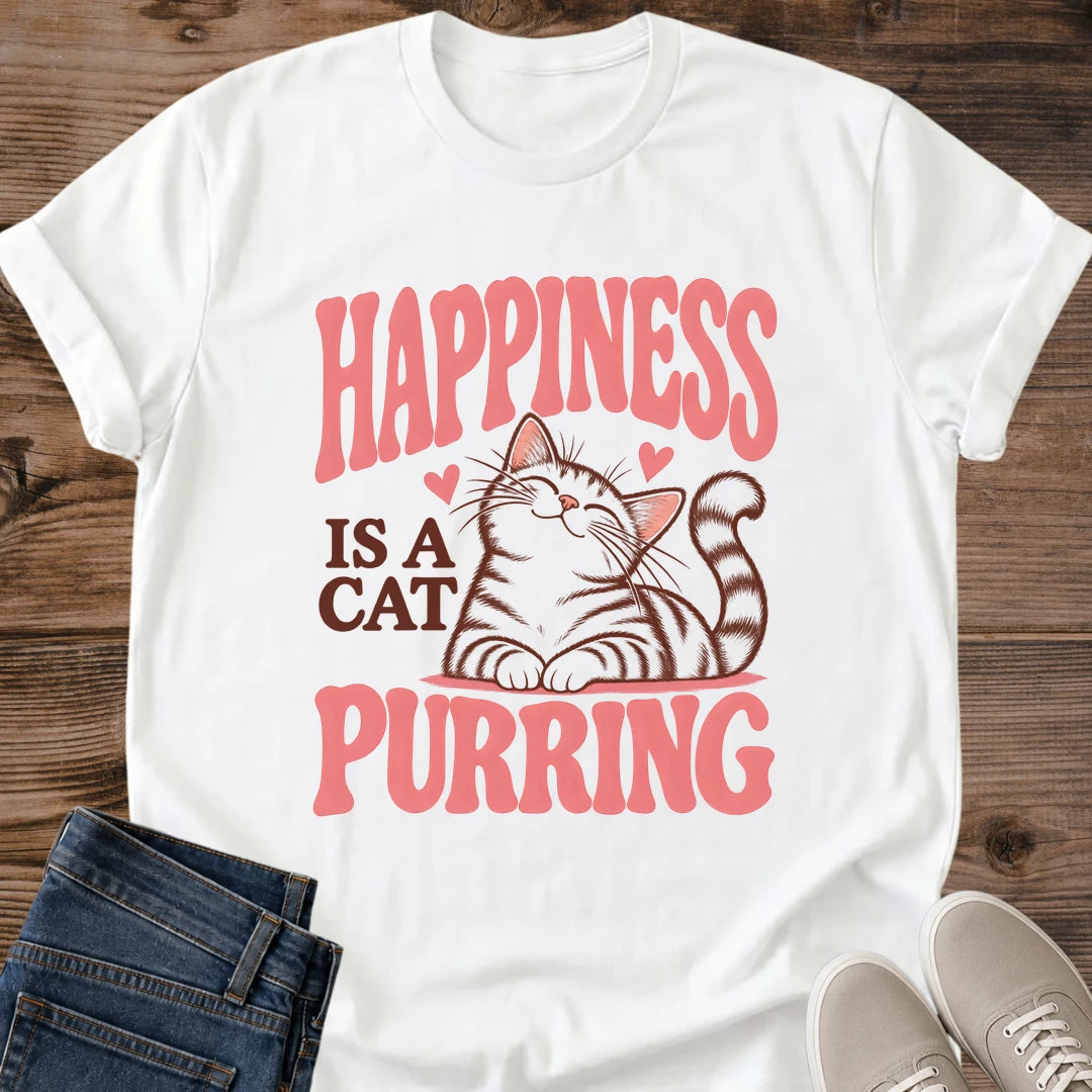 Sweet Cat Graphic Tee Happiness Is A Cat Purring Retro Print Vintage Aesthetic Cat Owner Shirt Gift For Cat Lovers Softstyle Cotton Comfortable Relaxed Fit Statement Piece Everyday Casual Wear Apparel Gift Idea For All