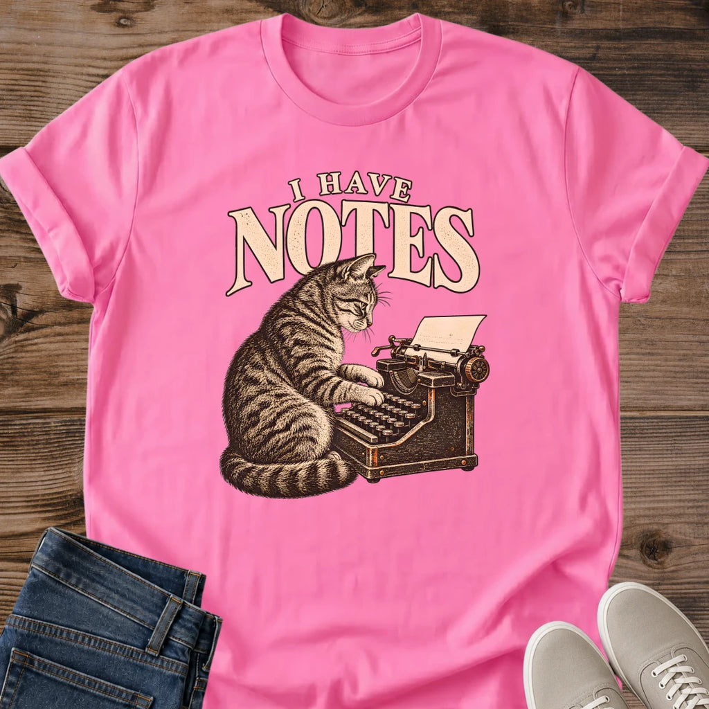 Funny Editor Cat Shirt I Have Notes Typewriter Graphic Tee Gift Idea Ring Spun Cotton Soft Breathable Fabric Relaxed Unisex Fit Vintage Print Design Cat Person Apparel Casual Everyday Wear Statement Piece Great Gift