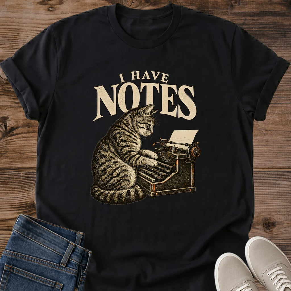 I Have Notes Cat Shirt Typewriter Cat Tee Funny Writer Cat Lover Gift Idea Softstyle Ring Spun Cotton Relaxed Fit Everyday Casual Wear Vintage Print Cat Owner Apparel Statement Piece Lightweight Layering For Home And Fall