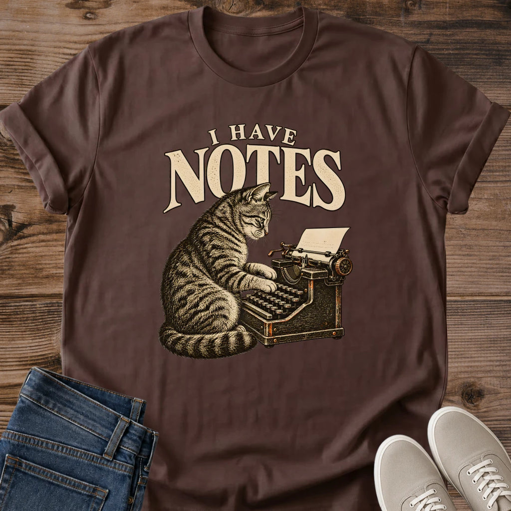 I Have Notes Cat Shirt Typewriter Cat Tee Funny Writer Cat Lover Gift Idea Softstyle Ring Spun Cotton Relaxed Fit Everyday Casual Wear Vintage Print Cat Owner Apparel Statement Piece Lightweight Layering For Home And Fall