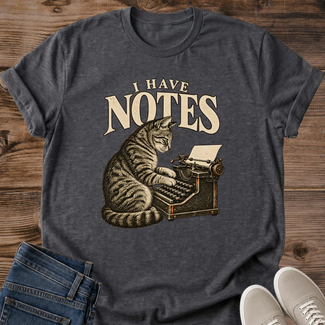 Vintage Cat Lover Tee I Have Notes Typewriter Cat Design Cotton Cat Dad Gift Shirt Funny Aesthetic Softstyle Ring Spun Fabric Relaxed Retail Fit Casual Weekend Layering Statement Piece Everyday Wear For Home And Away