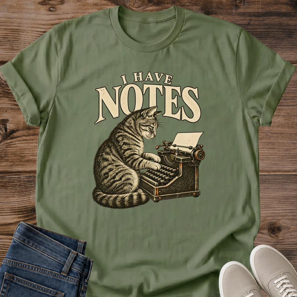 Writer Cat Tee I Have Notes Typewriter Design Funny Cat Lover Gift For Her Softstyle Cotton Comfortable Relaxed Fit Casual Weekend Wear Vintage Print Cat Mom Statement Apparel Everyday Layering Piece For Fun And Everyday
