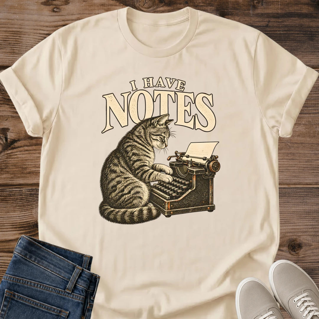 Funny Editor Cat Shirt I Have Notes Typewriter Graphic Tee Gift Idea Ring Spun Cotton Soft Breathable Fabric Relaxed Unisex Fit Vintage Print Design Cat Person Apparel Casual Everyday Wear Statement Piece Great Gift