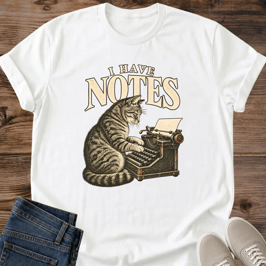 Writer Cat Tee I Have Notes Typewriter Design Funny Cat Lover Gift For Her Softstyle Cotton Comfortable Relaxed Fit Casual Weekend Wear Vintage Print Cat Mom Statement Apparel Everyday Layering Piece For Fun And Everyday