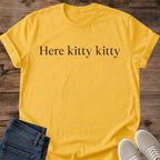 Here Kitty Kitty Shirt Minimal Text Cat Tee Elegant Cat Lover Gift Idea Softstyle Ring Spun Cotton Relaxed Fit Everyday Casual Wear Simple Print Cat Owner Apparel Statement Piece Lightweight Layering For Home