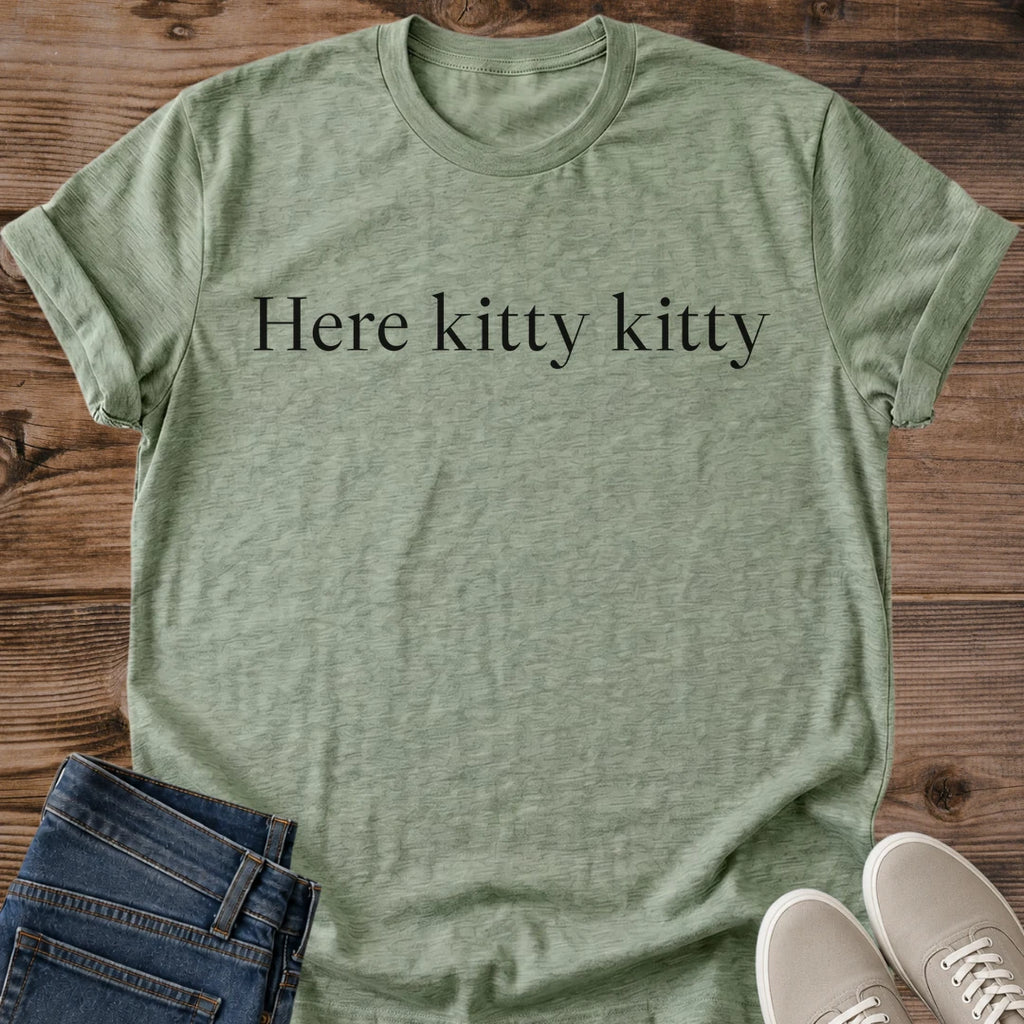Minimal Cat Tee Here Kitty Kitty Elegant Text Design Cat Lover Gift For Her Softstyle Cotton Comfortable Relaxed Fit Casual Weekend Wear Simple Print Cat Mom Statement Apparel Everyday Layering Piece For Fun