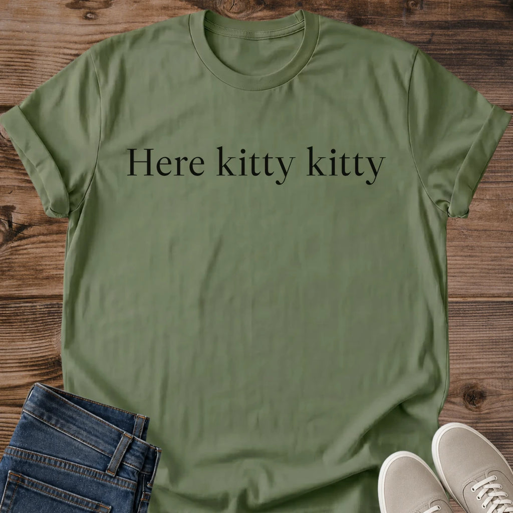 Here Kitty Kitty Shirt Minimal Text Cat Tee Elegant Cat Lover Gift Idea Softstyle Ring Spun Cotton Relaxed Fit Everyday Casual Wear Simple Print Cat Owner Apparel Statement Piece Lightweight Layering For Home