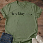 Here Kitty Kitty Shirt Minimal Text Cat Tee Elegant Cat Lover Gift Idea Softstyle Ring Spun Cotton Relaxed Fit Everyday Casual Wear Simple Print Cat Owner Apparel Statement Piece Lightweight Layering For Home