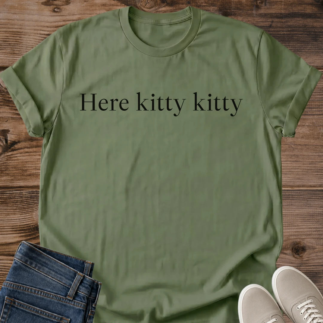 Here Kitty Kitty Shirt Minimal Text Cat Tee Elegant Cat Lover Gift Idea Softstyle Ring Spun Cotton Relaxed Fit Everyday Casual Wear Simple Print Cat Owner Apparel Statement Piece Lightweight Layering For Home