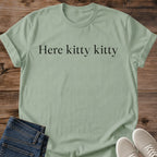 Vintage Cat Lover Tee Here Kitty Kitty Elegant Text Design Cotton Cat Mom Gift Shirt Minimal Aesthetic Softstyle Ring Spun Fabric Relaxed Retail Fit Casual Weekend Layering Statement Piece Everyday Wear For Home