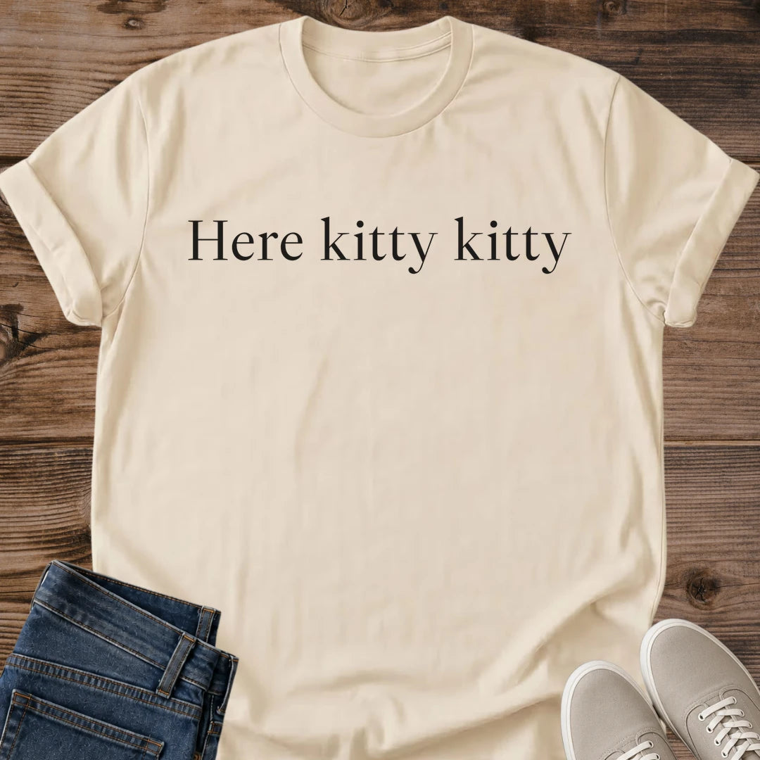 Simple Cat Shirt Here Kitty Kitty Elegant Typography Graphic Tee Gift Idea Ring Spun Cotton Soft Breathable Fabric Relaxed Unisex Fit Simple Print Design Cat Person Apparel Casual Everyday Wear Statement Piece Great Gift