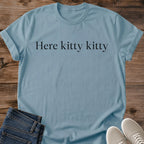 Minimal Cat Tee Here Kitty Kitty Elegant Text Design Cat Lover Gift For Her Softstyle Cotton Comfortable Relaxed Fit Casual Weekend Wear Simple Print Cat Mom Statement Apparel Everyday Layering Piece For Fun