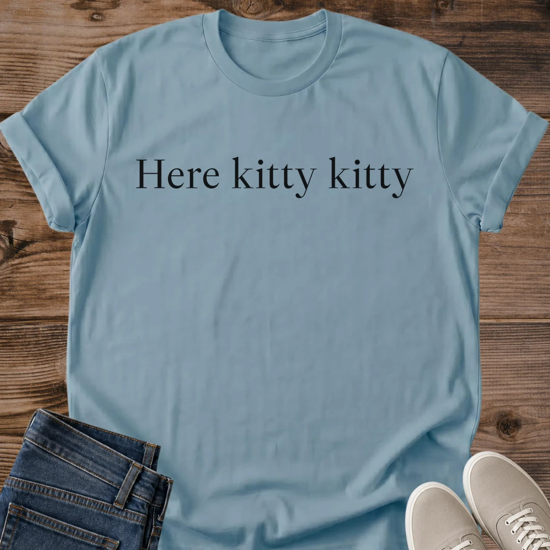 Minimal Cat Tee Here Kitty Kitty Elegant Text Design Cat Lover Gift For Her Softstyle Cotton Comfortable Relaxed Fit Casual Weekend Wear Simple Print Cat Mom Statement Apparel Everyday Layering Piece For Fun
