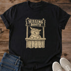 Cat Lover Gift Shirt Vintage Graphic Tee Design Grumpy Cat Hissing Booth Print Retro Style Apparel Soft Comfortable Fabric Casual Everyday Wear Statement Piece Clothing Novelty Present For Cat Owner Conversation Starter Design Coffee Shop
