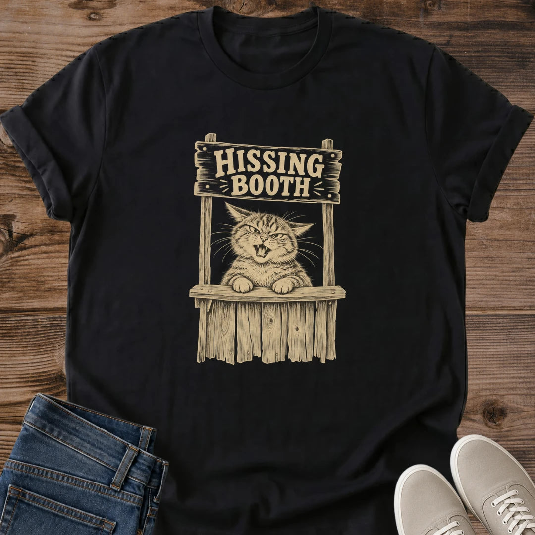 Cat Lover Gift Shirt Vintage Graphic Tee Design Grumpy Cat Hissing Booth Print Retro Style Apparel Soft Comfortable Fabric Casual Everyday Wear Statement Piece Clothing Novelty Present For Cat Owner Conversation Starter Design Coffee Shop