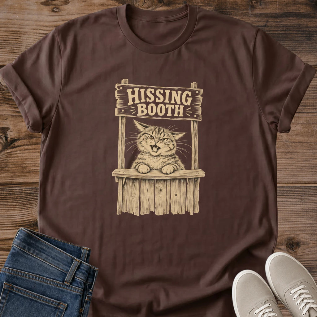 Graphic Tee Statement Piece Cat Lover Shirt Design Vintage Retro Print Grumpy Cat Hissing Booth Theme Soft Comfortable Fabric Casual Everyday Wear Novelty Gift Apparel Cat Owner Present Quality Construction Durable Materials Conversation