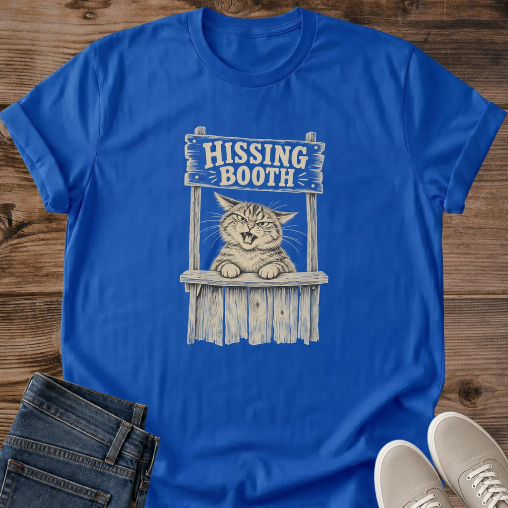 Gift For Cat Owner Novelty Present Shirt Vintage Graphic Tee Design Grumpy Cat Hissing Booth Print Soft Comfortable Fabric Casual Everyday Wear Statement Piece Apparel Retro Style Clothing Cat Lover Essential Quality Construction Durable