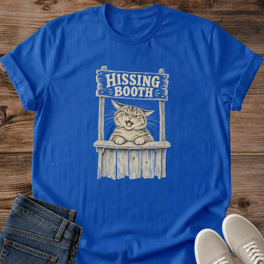 Gift For Cat Owner Novelty Present Shirt Vintage Graphic Tee Design Grumpy Cat Hissing Booth Print Soft Comfortable Fabric Casual Everyday Wear Statement Piece Apparel Retro Style Clothing Cat Lover Essential Quality Construction Durable