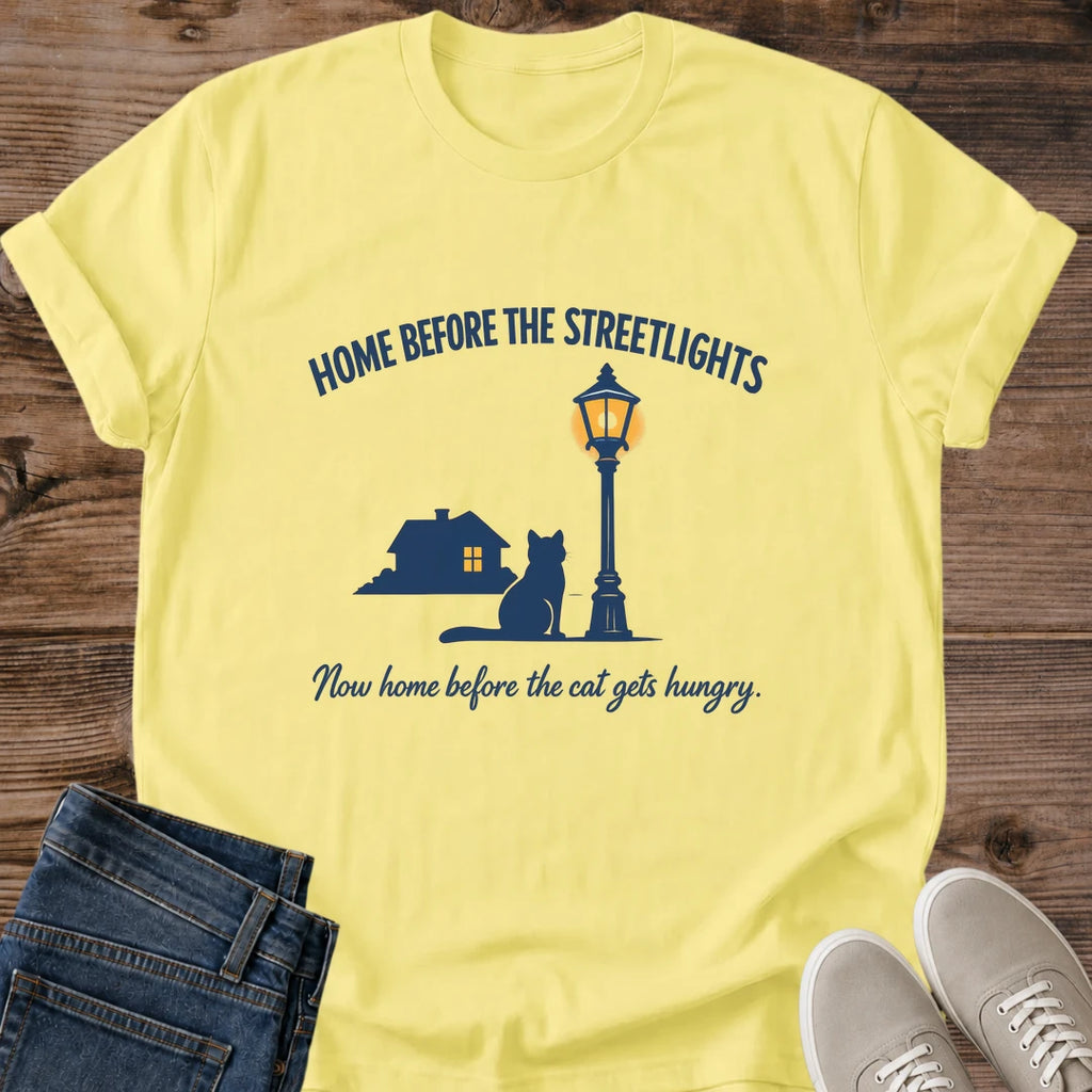 Cozy Cat Graphic Tee Comfortable Cotton Shirt Casual Daily Wear Essential Nostalgic Streetlight Design Relaxed Fit Style Soft Ring Spun Fabric Lightweight Breathable Material Perfect Lounging Home Comfort Minimalist Cat Scene Print Crew