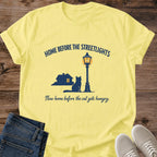 Cozy Cat Graphic Tee Comfortable Cotton Shirt Casual Daily Wear Essential Nostalgic Streetlight Design Relaxed Fit Style Soft Ring Spun Fabric Lightweight Breathable Material Perfect Lounging Home Comfort Minimalist Cat Scene Print Crew