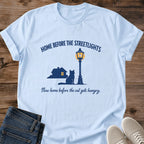 Nostalgic Cat Lover Gift Soft Cotton Graphic Tee Streetlight Scene Design Minimalist Print Shirt Comfortable Crew Neck Style Perfect Cat Owner Present Cozy Casual Wear Lightweight Fabric Everyday Essential Ring Spun Cotton Material Unique