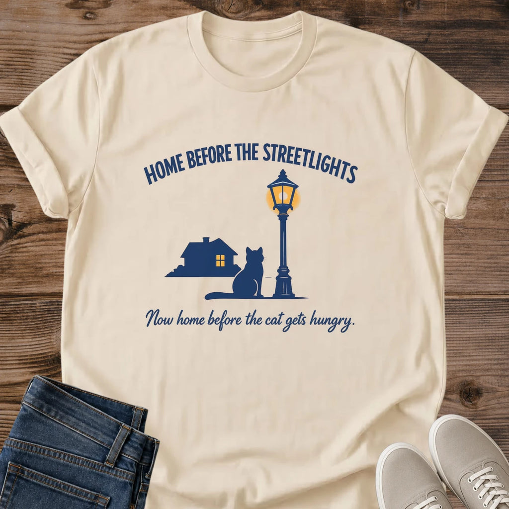 Unique Cat Graphic Shirt Soft Cotton Tee Design Streetlight Silhouette Scene Comfortable Crew Neck Style Versatile Layering Essential Minimalist Print Perfect Cat Owner Apparel Nostalgic Theme Design Lightweight Ring Spun Cotton Casual
