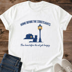 Minimalist Cat Design Graphic Tee Streetlight Scene Print Soft Cotton Shirt Artistic Silhouette Style Muted Color Palette Clean Classic Fit Comfortable Crew Neck Tee Nostalgic Theme Apparel Lightweight Fabric Perfect Cat Lover Gift Casual