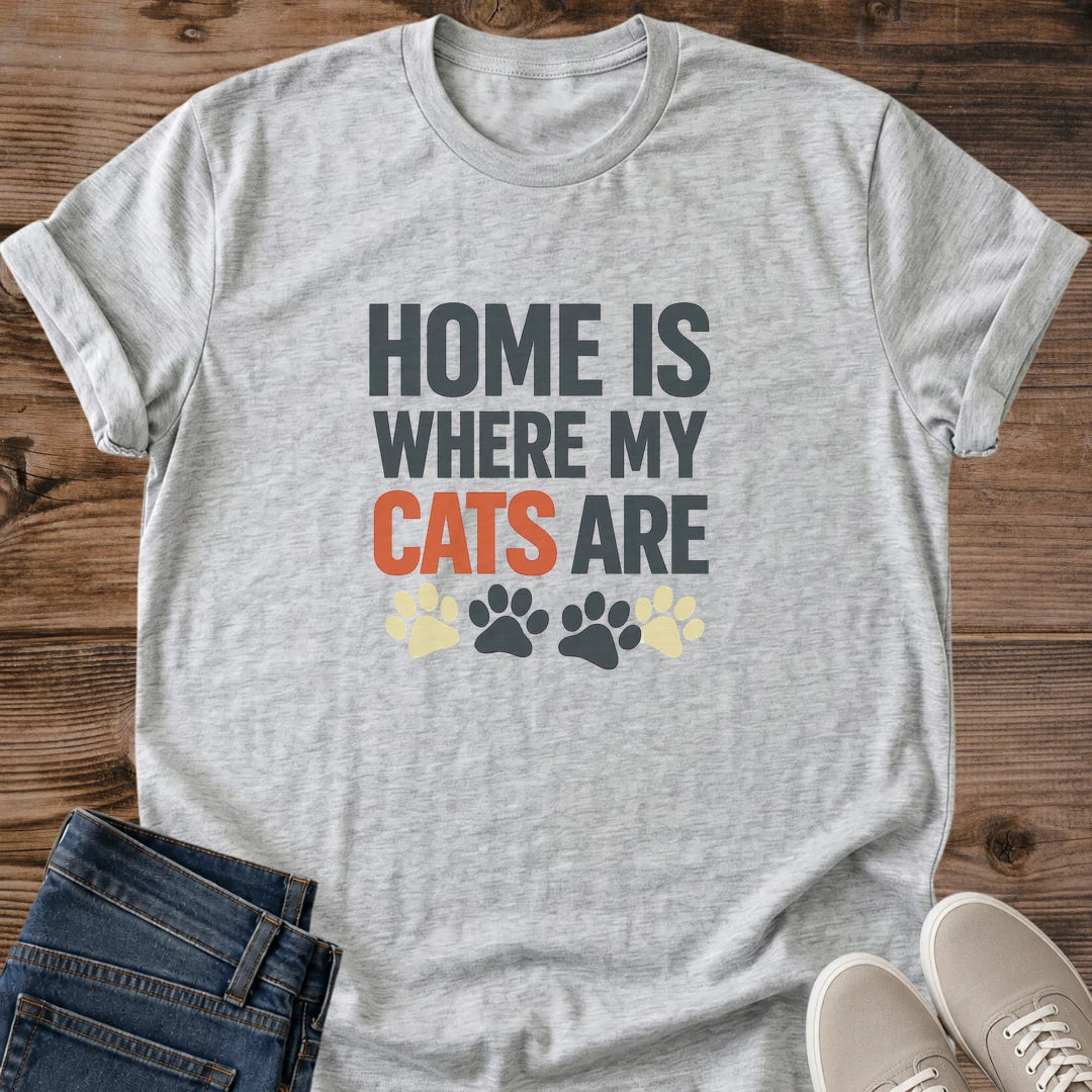 Cat Mom Shirt Funny Statement Tee Home Is Where My Cats Are Graphic Design Colorful Rainbow Paw Prints Perfect Gift For Cat Lover Pet Parent Apparel Casual Everyday Wear Feline Enthusiast Clothing Kitty Owner Present Birthday Gift Idea Bold