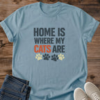 Pet Lover Tee Cat Mom Shirt Design Home Is Where My Cats Are Statement Graphic Apparel Colorful Rainbow Paw Prints Funny Cat Owner Gift Casual Everyday Wear Feline Parent Clothing Bold Design Kitty Enthusiast Present Birthday Gift Idea