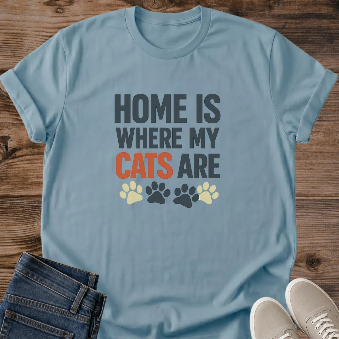 Pet Lover Tee Cat Mom Shirt Design Home Is Where My Cats Are Statement Graphic Apparel Colorful Rainbow Paw Prints Funny Cat Owner Gift Casual Everyday Wear Feline Parent Clothing Bold Design Kitty Enthusiast Present Birthday Gift Idea