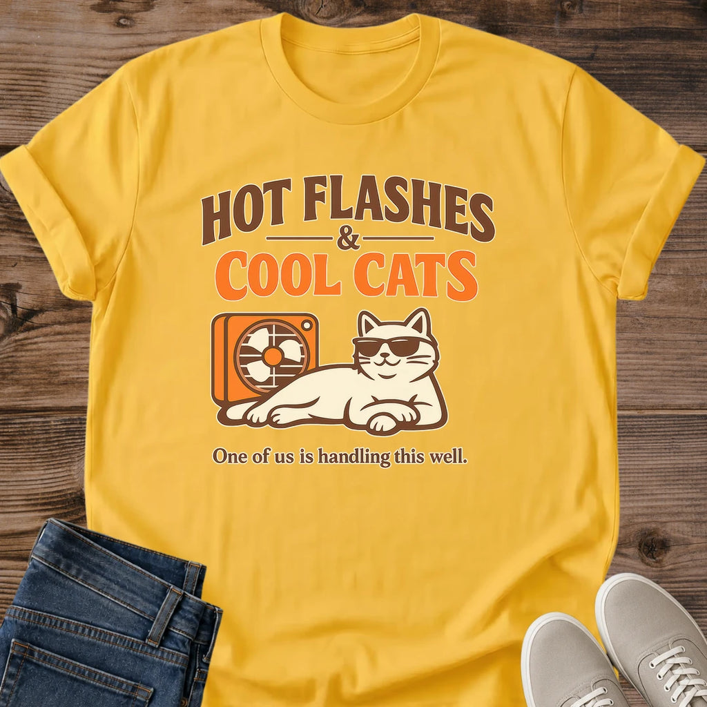 Funny Menopause Shirt Hot Flashes Cool Cats Graphic Tee Soft Cotton Fabric Breathable Comfortable Fit Retro Cat Design Sunglasses Fan Print Humorous Slogan Midlife Gift Idea Birthday Present For Friend Casual Everyday Wear Crew Neck Style