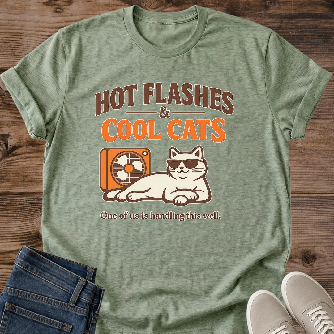 Midlife Humor Tshirt Hot Flashes Cool Cats Design Funny Menopause Gift Soft Cotton Fabric Comfortable Crew Neck Breathable Lightweight Shirt Retro Cat Sunglasses Graphic Fan Print Casual Everyday Style Women Clothing Birthday Present Friend