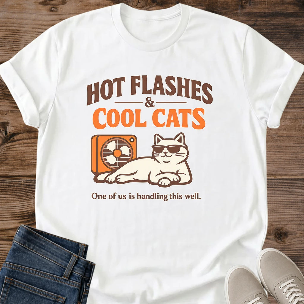 Retro Cat Graphic Tshirt Funny Menopause Design Hot Flashes Cool Cats Slogan Soft Cotton Shirt Comfortable Breathable Fabric Crew Neck Style Lightweight Everyday Wear Humorous Print Sunglasses Fan Design Gift Idea For Friend Birthday
