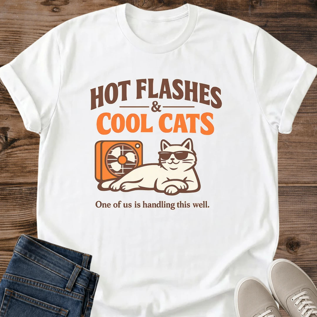 Retro Cat Graphic Tshirt Funny Menopause Design Hot Flashes Cool Cats Slogan Soft Cotton Shirt Comfortable Breathable Fabric Crew Neck Style Lightweight Everyday Wear Humorous Print Sunglasses Fan Design Gift Idea For Friend Birthday