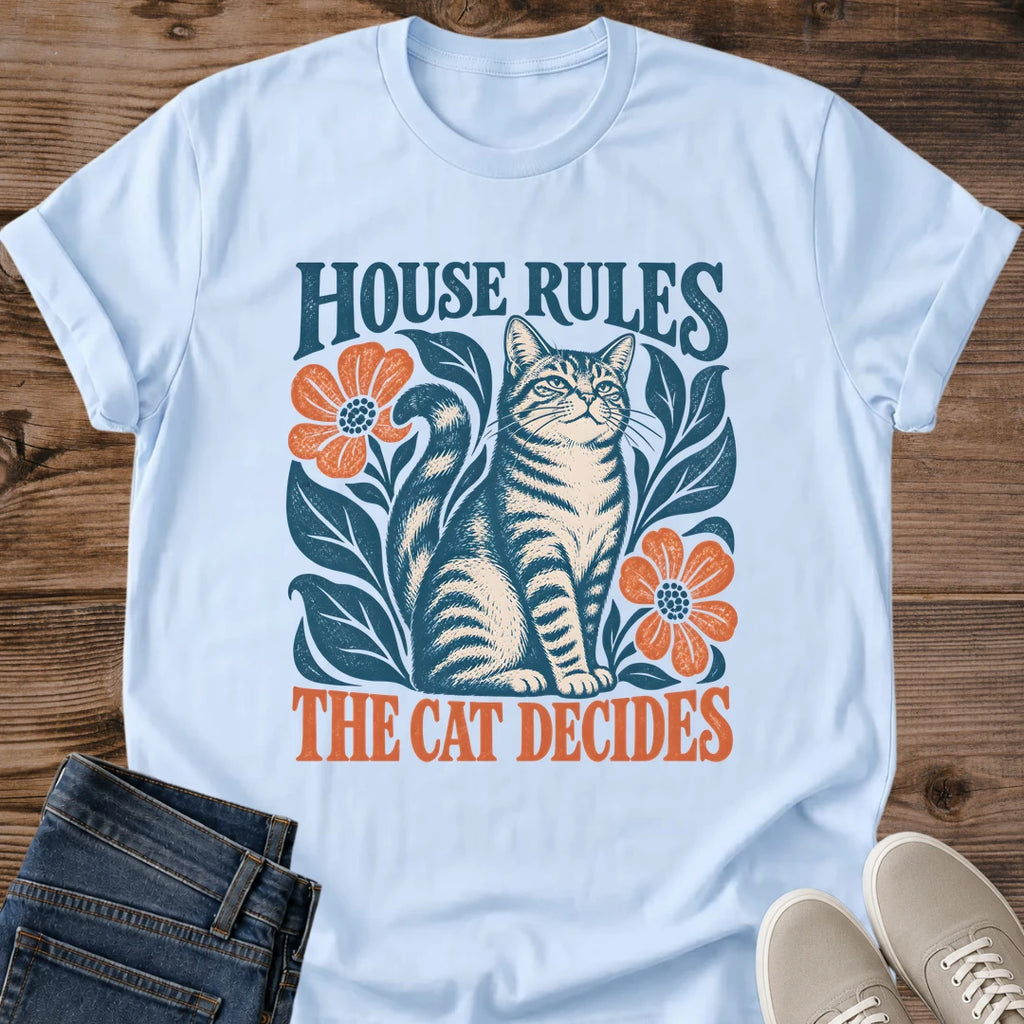 Folk Art Cat Shirt House Rules The Cat Decides Funny Cat Tee Hand Drawn Tabby Cat Linocut Style Botanical Graphic Cat Owner Shirt Gift For Cat Lovers Scandinavian Floral Tee Cat Rules Shirt Unisex Ringspun Cotton Shirt Cat Whisker Co