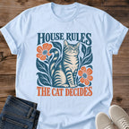 Folk Art Cat Shirt House Rules The Cat Decides Funny Cat Tee Hand Drawn Tabby Cat Linocut Style Botanical Graphic Cat Owner Shirt Gift For Cat Lovers Scandinavian Floral Tee Cat Rules Shirt Unisex Ringspun Cotton Shirt Cat Whisker Co