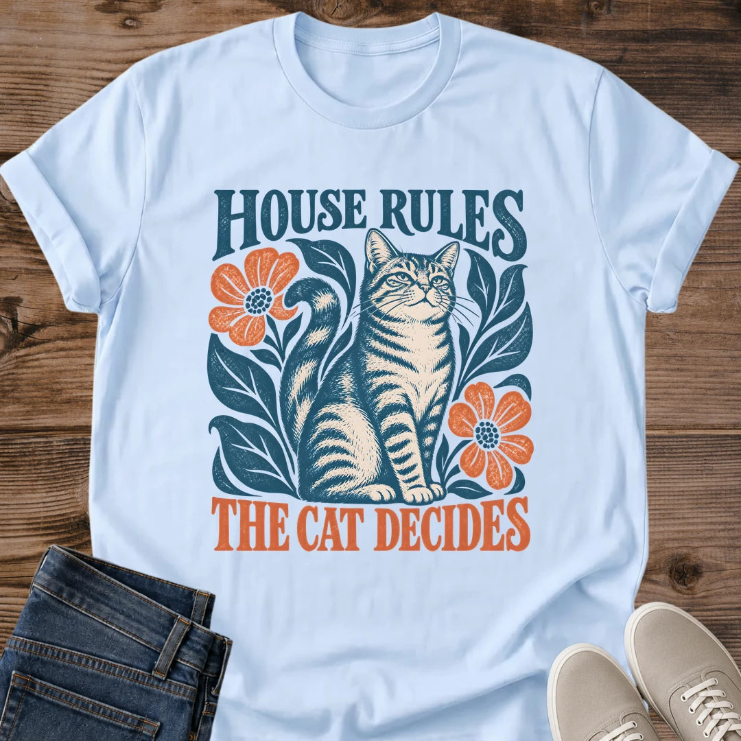 Folk Art Cat Shirt House Rules The Cat Decides Funny Cat Tee Hand Drawn Tabby Cat Linocut Style Botanical Graphic Cat Owner Shirt Gift For Cat Lovers Scandinavian Floral Tee Cat Rules Shirt Unisex Ringspun Cotton Shirt Cat Whisker Co
