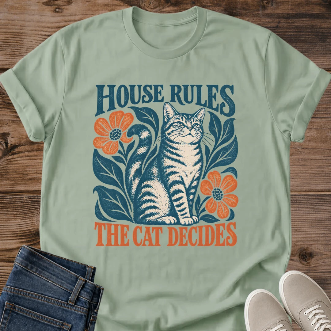 Cat Boss Shirt The Cat Decides Tee Regal Tabby Among Coral Flowers And Leaves Illustration Navy And Coral Folk Design Funny Cat Dad Shirt Cat Owner Gift For Her Cat Runs The House Tee Soft Cotton Unisex Shirt Cat Whisker Co