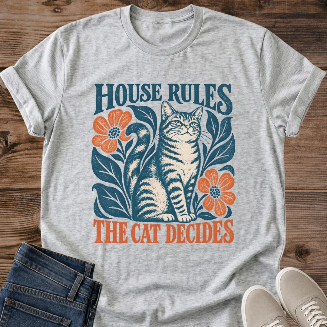 Cat Boss Shirt The Cat Decides Tee Regal Tabby Among Coral Flowers And Leaves Illustration Navy And Coral Folk Design Funny Cat Dad Shirt Cat Owner Gift For Her Cat Runs The House Tee Soft Cotton Unisex Shirt Cat Whisker Co