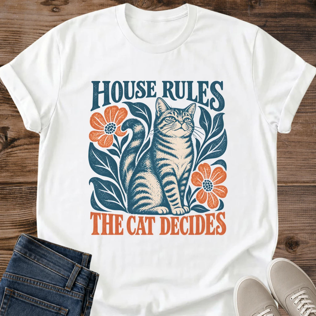 House Rules The Cat Decides Shirt White Funny Cat Boss Tee Tabby Cat With Folk Art Flowers Graphic Vintage Block Print Cat Shirt Cat In Charge Tee Cat Mom Gift Cottagecore Cat Shirt Gildan 64000 Softstyle Unisex Cat Whisker Co