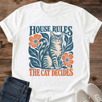 House Rules The Cat Decides Shirt White Funny Cat Boss Tee Tabby Cat With Folk Art Flowers Graphic Vintage Block Print Cat Shirt Cat In Charge Tee Cat Mom Gift Cottagecore Cat Shirt Gildan 64000 Softstyle Unisex Cat Whisker Co