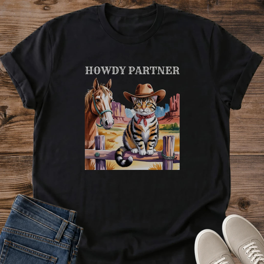Western Graphic Tee Cowboy Cat Design Novelty Shirt Casual Comfort Wear Soft Cotton Blend Cat Lover Gift Funny Animal Print Unisex Style Fashion Everyday Casual Tee Birthday Present Perfect Gift Humorous Design Western Theme Collection
