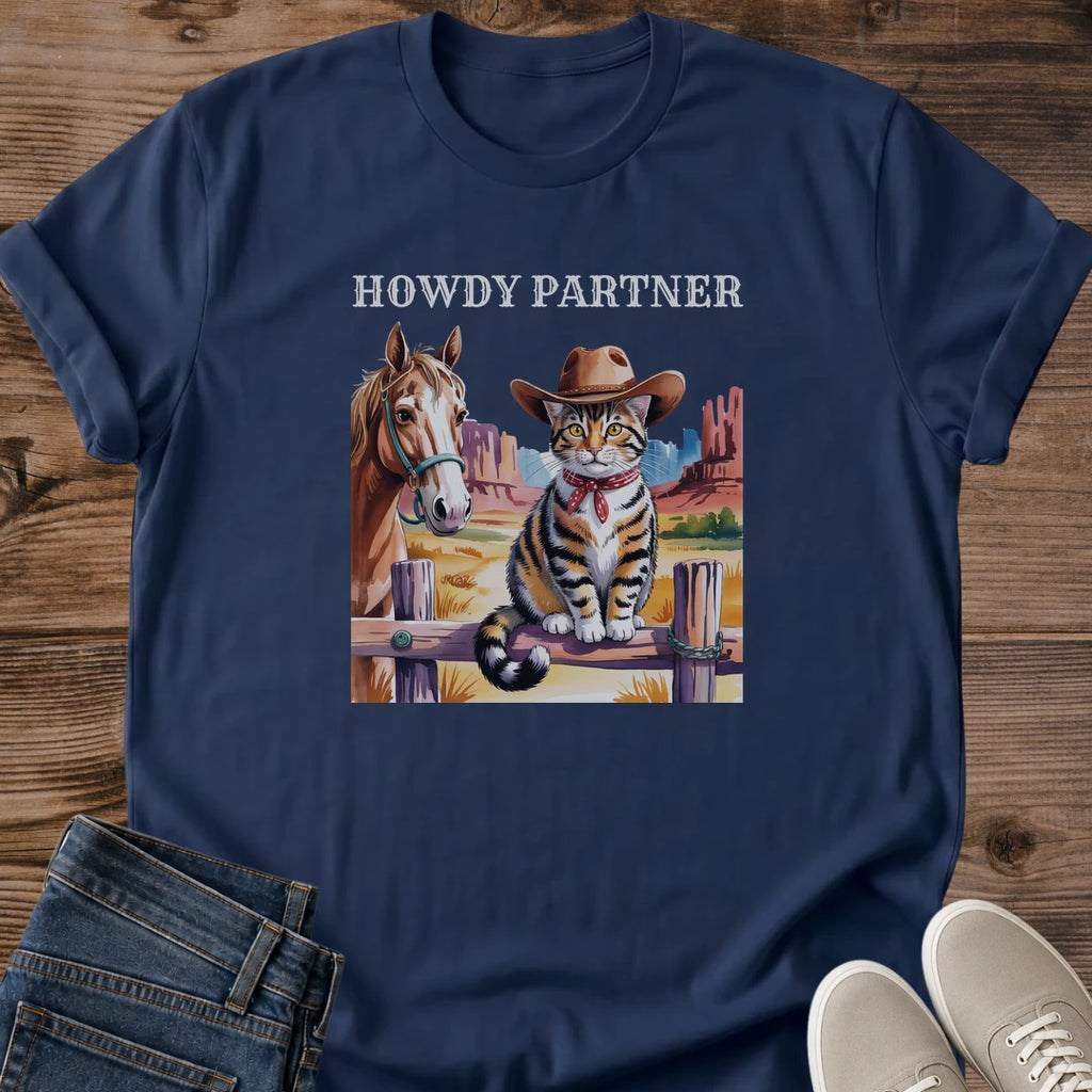Funny Cat Shirt Western Design Cowboy Themed Graphic Tee Soft Cotton Blend Comfortable Casual Wear Cat Lover Gift Perfect Birthday Present Novelty Humor Design Unisex Style Everyday Fashion Animal Theme Print Quality Construction Durable