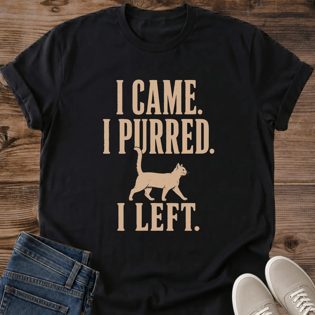 Humorous Cat Tee Shirt Novelty Pet Lover Apparel Vintage Graphic Design Soft Cotton Crew Neck Casual Everyday Wear Retro Cat Silhouette Bold Lettering Playful Gift For Cat Enthusiast Comfortable Relaxed Fit Statement Shirt