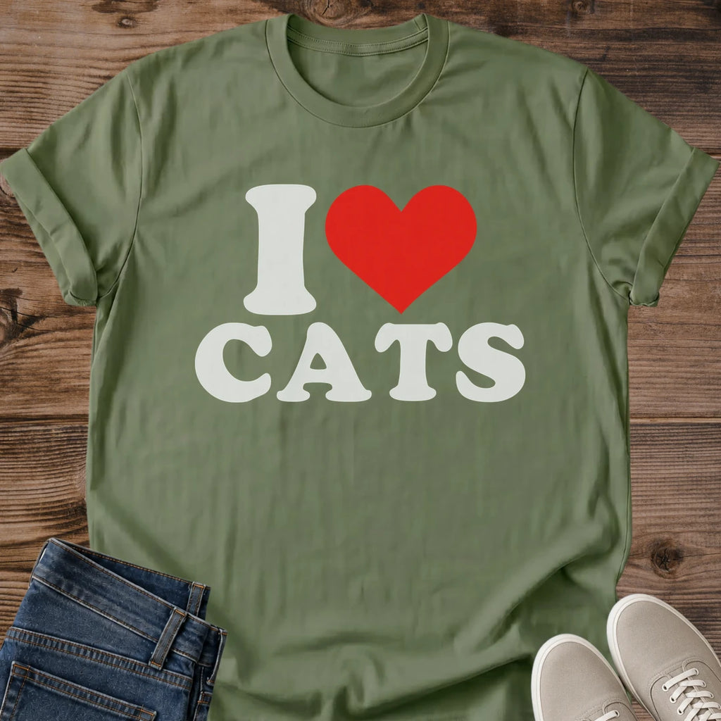 Feline Heart Graphic Shirt Soft Cotton Material Retro Orange Cat Design Lightweight Crew Neck Tee Comfortable Daily Wear Perfect Cat Enthusiast Gift Casual Animal Lover Apparel Breathable Fabric Construction Classic Fit Style Vintage