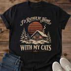 Christmas Cat Gift Tee Cozy Cabin Sunset Design Id Rather Be Home With My Cats Cat Lover Holiday Gift For Her Softstyle Cotton Comfortable Relaxed Fit Casual Weekend Wear Vintage Print Cat Mom Statement Apparel Everyday Layering