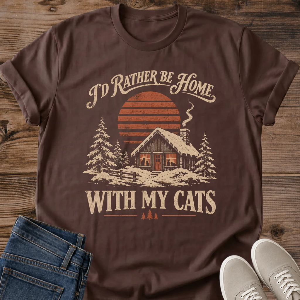 Holiday Cat Graphic Tee Cozy Cabin Sunset Snow Cottage Print Christmas Gift For Cat Lovers Softstyle Cotton Comfortable Relaxed Fit Vintage Winter Aesthetic Statement Piece Everyday Casual Wear Apparel Stocking Stuffer Idea