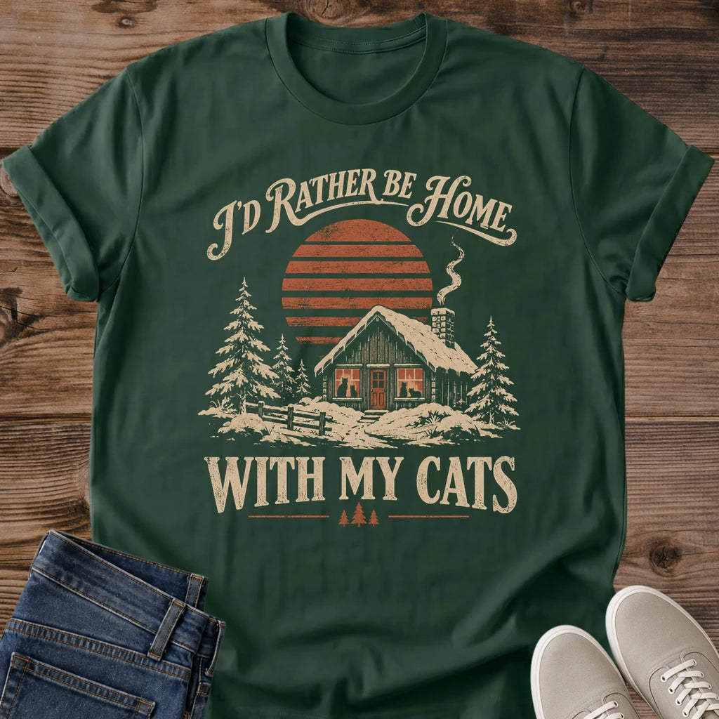Cozy Cabin Cat Shirt Id Rather Be Home With My Cats Tee Christmas Gift For Cat Lovers Softstyle Ring Spun Cotton Relaxed Fit Everyday Casual Wear Vintage Sunset Print Cat Owner Apparel Winter Statement Piece Lightweight Layering